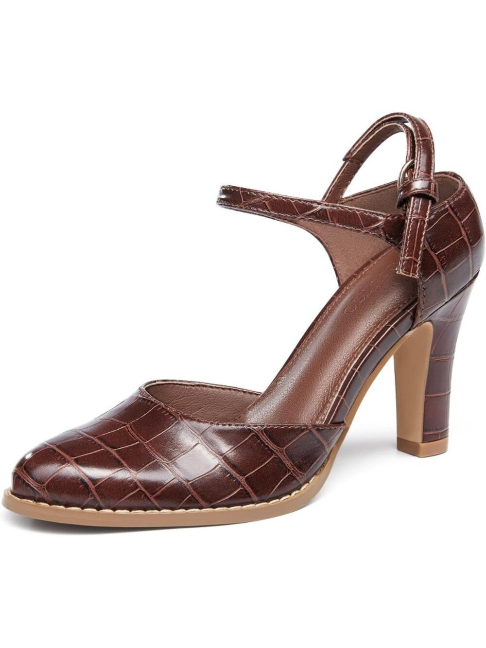 Women's Coffee Chunky High Heel Closed Pointed Toe Ankle Strap Pumps Party Shoes